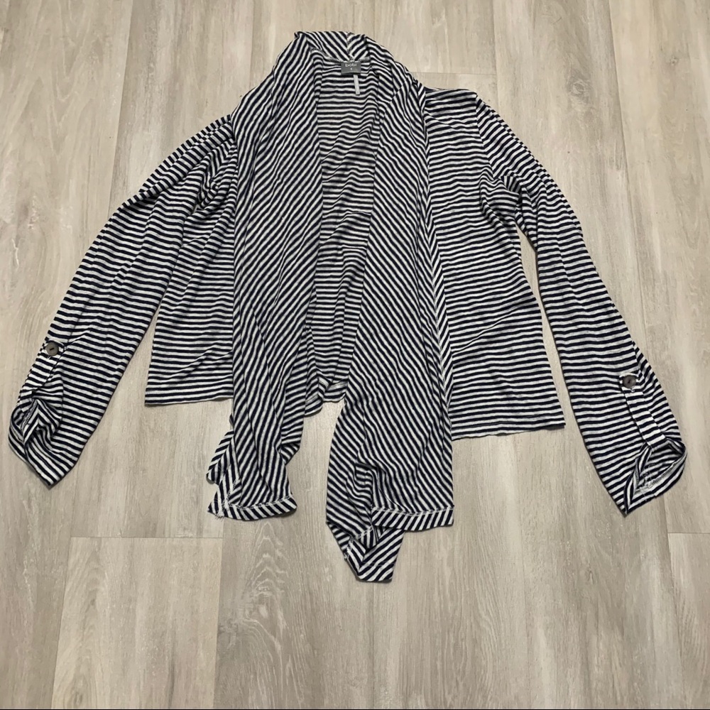 Navy White Striped Open Cardigan Sweater S